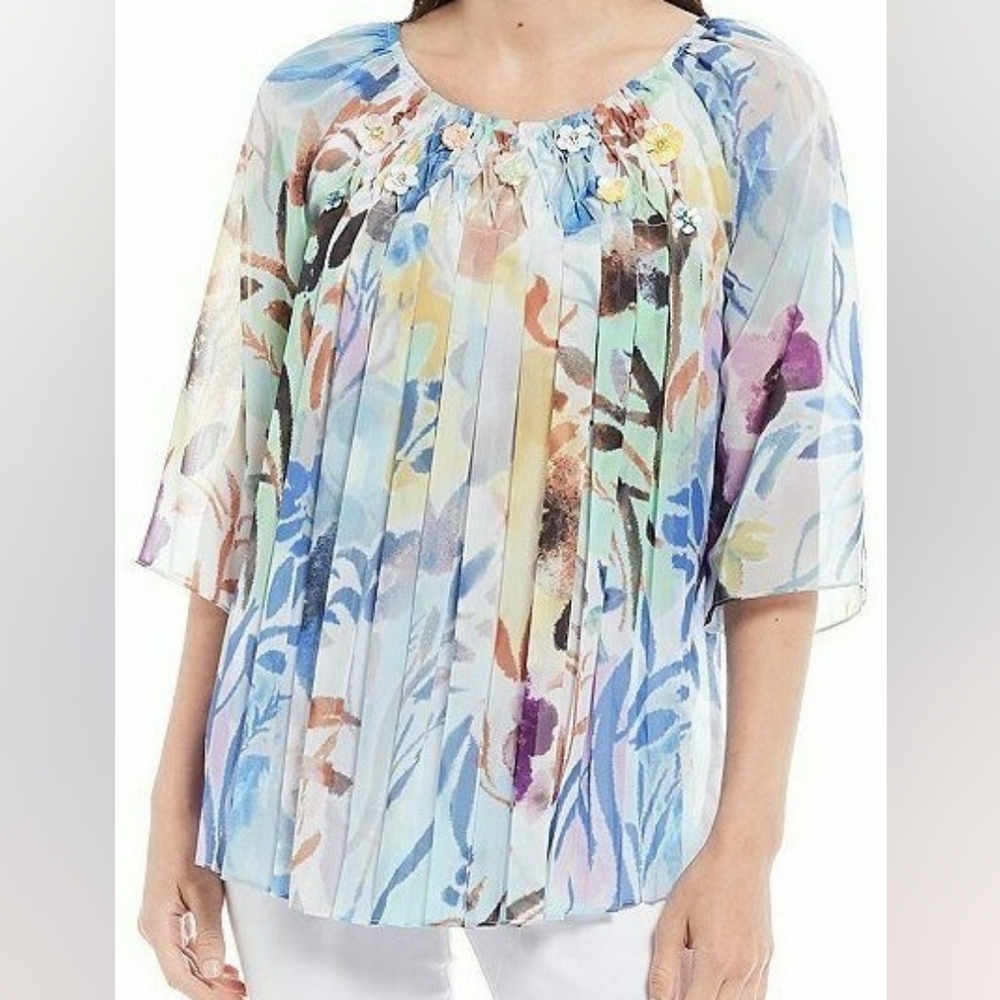 EUC Ali Miles Printed Chiffon Pin Tuck Detail Elbow Sleeve Blouse Plus Size 2X